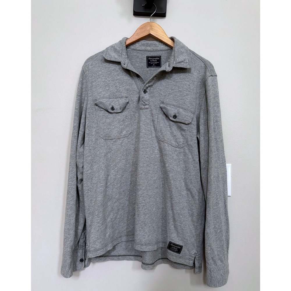Abercrombie & Fitch 100% Cotton Jersey Long Sleeve Henley Shirt Pocket Gray M